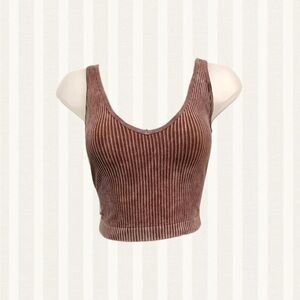 Brown Ribbed V-Neck Tank Top
